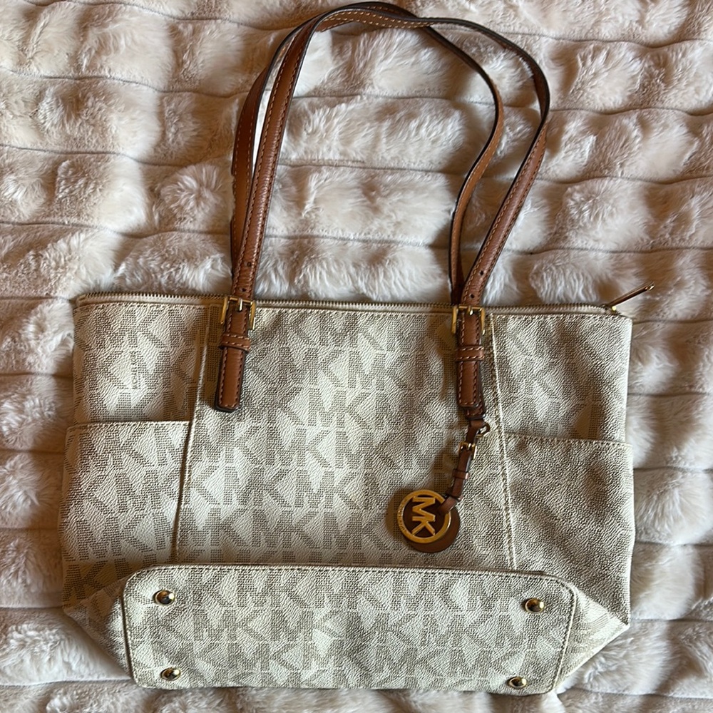 Michael Kors Cream and Brown Tote Bag with Signature Monogram